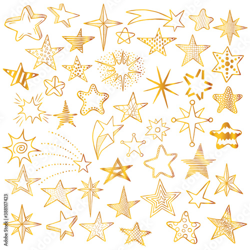 Gold hand drawn doodle stars and comets icons collection. Kids style skethes. Vector illustration