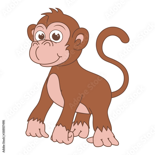 Monkey. Cute Young Ape isolated on white background. Zoo animal cartoon character. Education card for kids learning animals. Logic Games for Kids. Adorable inhabitants of safari in cartoon style.