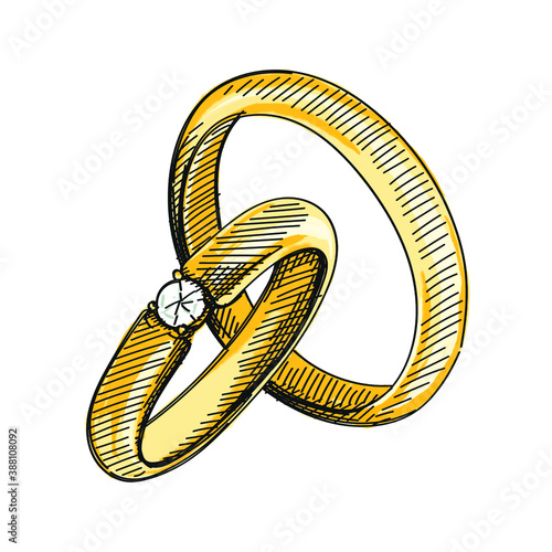 Colorful watercolor Hand-drawn sketch of gold engagement rings. Watercolor wedding ccessories and decorations. Bride and groom holiday and celebration. 
