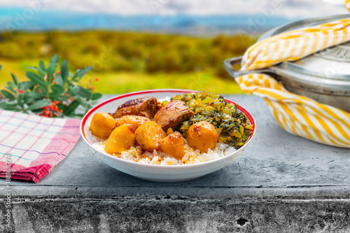 Canvas Print Chicken carry (or cari) with potatoes, rice and a Bok choy fricassee