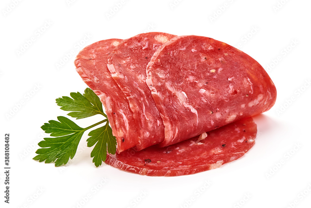 Smoked salchichon sausage, isolated on white background Smoked salchichon sausage, isolated on white background