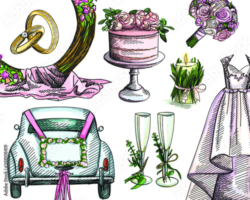 Colorful watercolor Hand-drawn Watercolor wedding set. Engagement gold rings, pink cake, bouquet, bridesmaid dress, vintage car, champagne glasses, candle decorated with green leaves, round arch