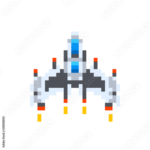Vintage spaceship, game hero in pixel art style on white