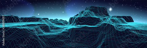 3d computer landscape. Virtual wireframe surface. Thin line topography. Cyber canyon. Retro futuristic sci-fi background. Glowing horizon. Starry sky with aurora. Stock vector illustration