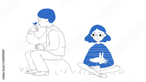 Boy with bird and girl with rabbit illustration line art