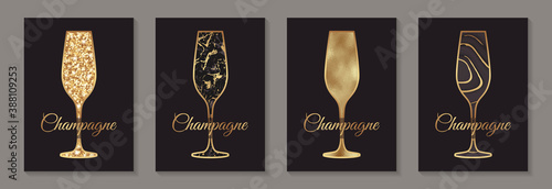 Modern abstract luxury card templates for sparkling wine tasting invitation or bar and restaurant menu or banner or logo with golden glittern and marble champagne glasses on a black background.