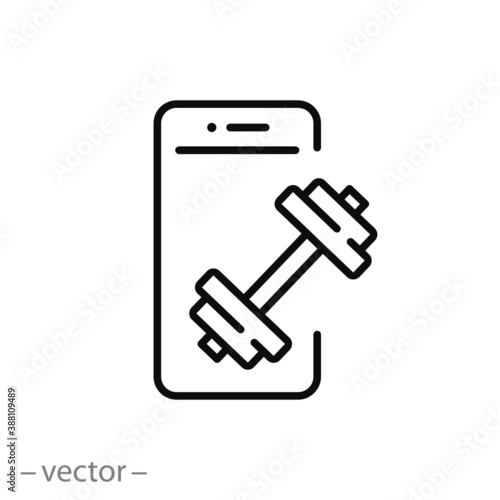 online fitness or mobile trainer icon, phone with dumbbell, sport physical exercise, person fit training app, concept home workout, thin line symbol on white background - editable stroke vector