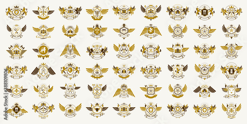 Vintage heraldic emblems vector big set, antique heraldry symbolic badges and awards collection, classic style design elements, family emblems.