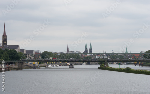 Bremen, Germany - August 17, 2019: cityscapes with boats on the river
