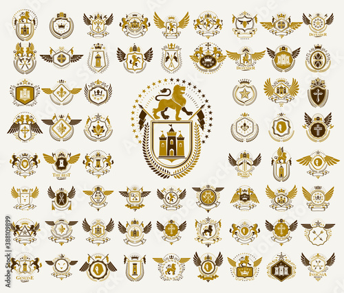 Heraldic Coat of Arms vector big set, vintage antique heraldic badges and awards collection, symbols in classic style design elements, family or business logos.