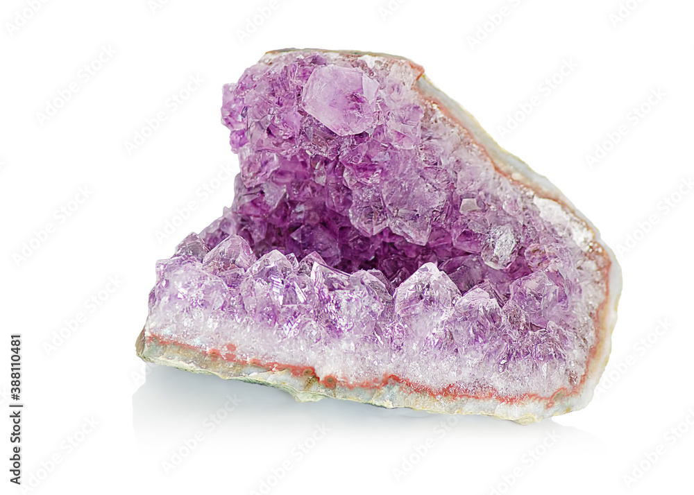 Natural amethyst crystal cluster on white background closeup Natural amethyst crystal cluster on white background closeup