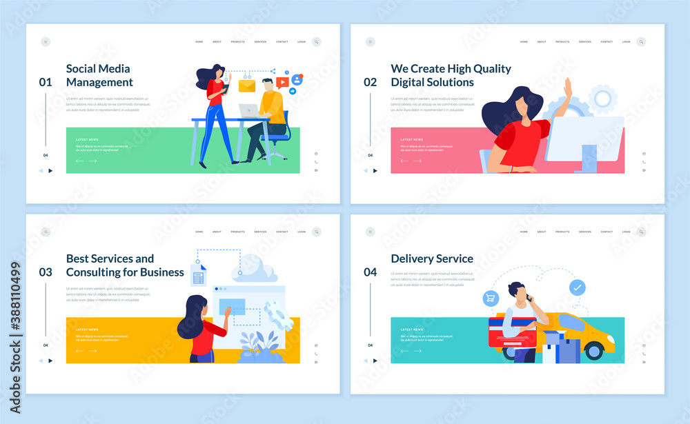 Set of website template designs of social media management, project development, business consulting, delivery service. Vector illustration concepts for website and mobile website development. 