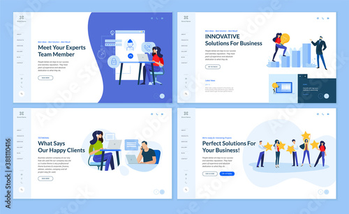 Set of website template designs of technical support, customer relations, business innovations, startup, project development. Vector illustration concepts for website and mobile website development. 