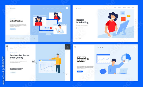 Set of website template designs of video meeting, digital marketing, data analysis, e-banking. Vector illustration concepts for website and mobile website development. 