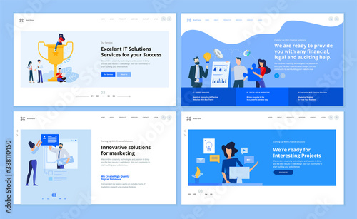 Set of website template designs of marketing, graphic and web design, social media, market analysis, digital solutions. Vector illustration concepts for website and mobile website development. 
