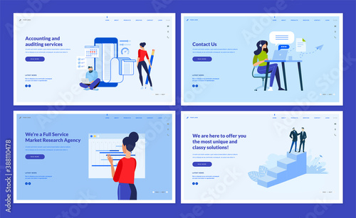 Set of website template designs of accounting and auditing, market research, consulting, contact us page. Vector illustration concepts for website and mobile website development. 
