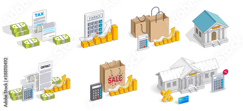 Business and finance concepts 3D vector illustrations set isolated on white background, money theme conceptual design collection, savings, bank, contract, income, safety, online.