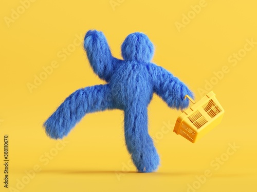 3d render, funny Yeti cartoon character goes shopping, with shopping cart, hairy blue monster toy. Sale concept. Commercial clip art isolated on yellow background