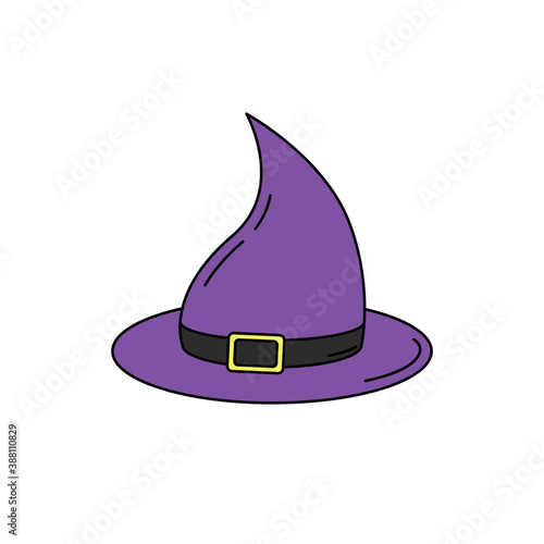 Vector cartoon witch hat. Isolated colorful Halloween hat with black contour. Silhouette of wizard's hat