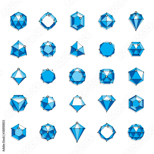 Set of faceted gemstone illustrations. Collection of abstract vector low poly objects with lines and dots connected can be used as corporate identity abstract logos.