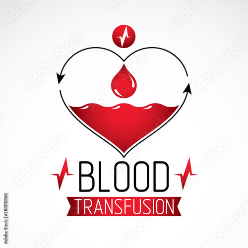 Blood transfusion vector symbol created with red heart shape with arrows and blood drops. Volunteer donorship, healthcare and medical treatment conceptual logo.