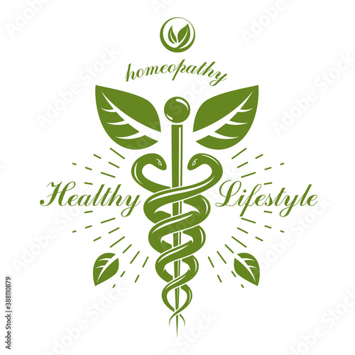 Aesculapius vector abstract logotype created using snakes and green leaves, Caduceus symbol. Healthy lifestyle is strong heart.