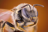 portrait of a sweat bee. highly detailed.black and brown and white colors.
