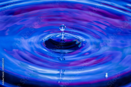 Water-drops, splash frozen in motion, blue and purple colours, with ripples and patterns 