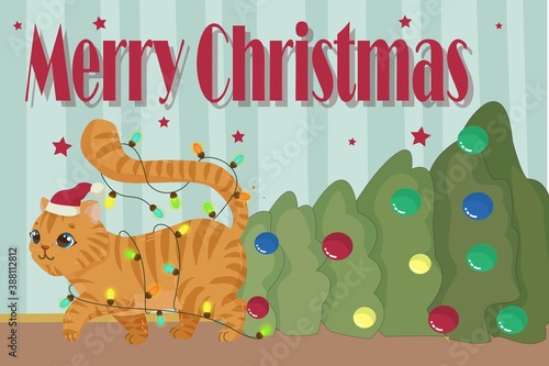 Christmas fluffy ginger kitten, pet, brown shaggy plump cat walks next to a fallen tree, Christmas decorations, garlands and a star. vector illustration. happy christmas card