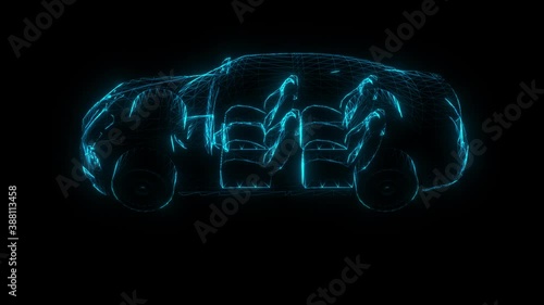 A 3d glowing car wireframe rotates on an alpha channel background in a seamless loop.