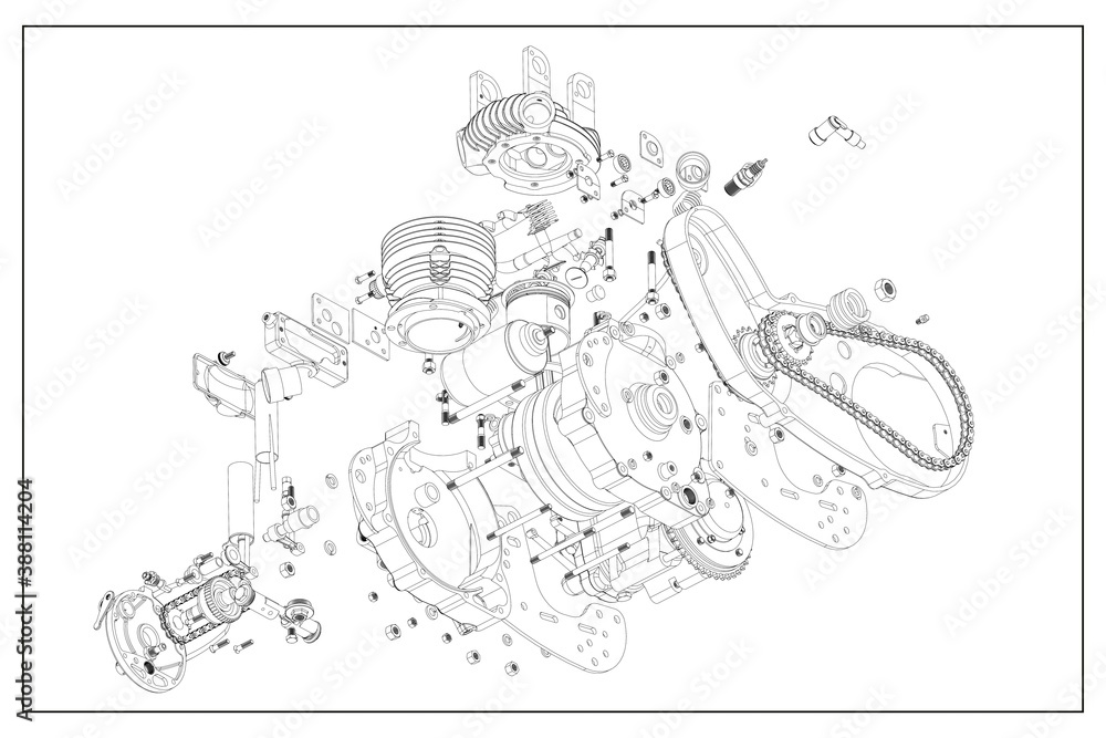 3D design of a motorcycle engine with exploded view.