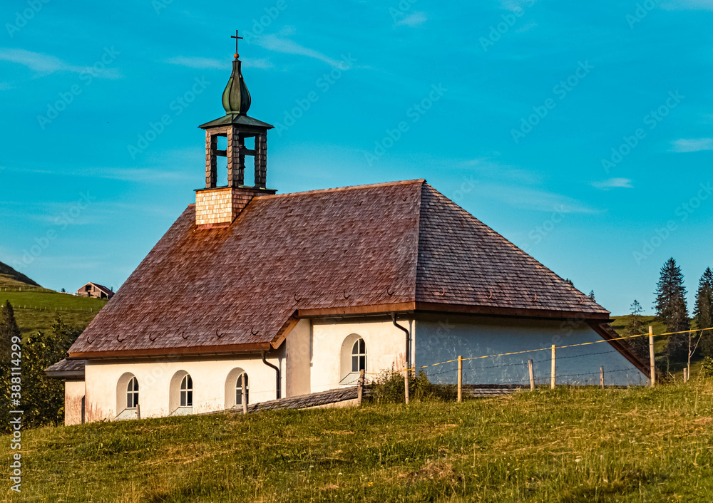 Beautiful alpine summer view with a chapel at the famous Sudelfeld, Spitzingsee, Bavaria, Germany