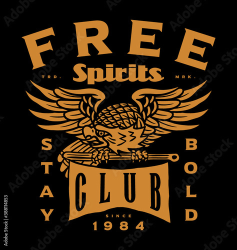 Wings Open Eagle on a Flag Illustration with Free Spirits Club Slogan Vector Artwork Yellow on Black Background For Apparel and Other Uses