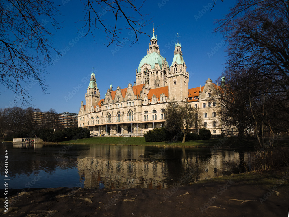 Panorama of New City Hall in Hannover in a beautiful summer day, Germany

