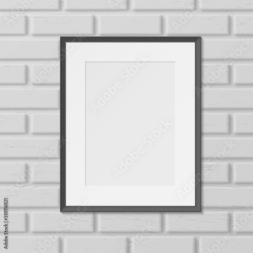 Frame for picture, photo on brick wall realistic blank template. Passepartout vertical empty mock up.