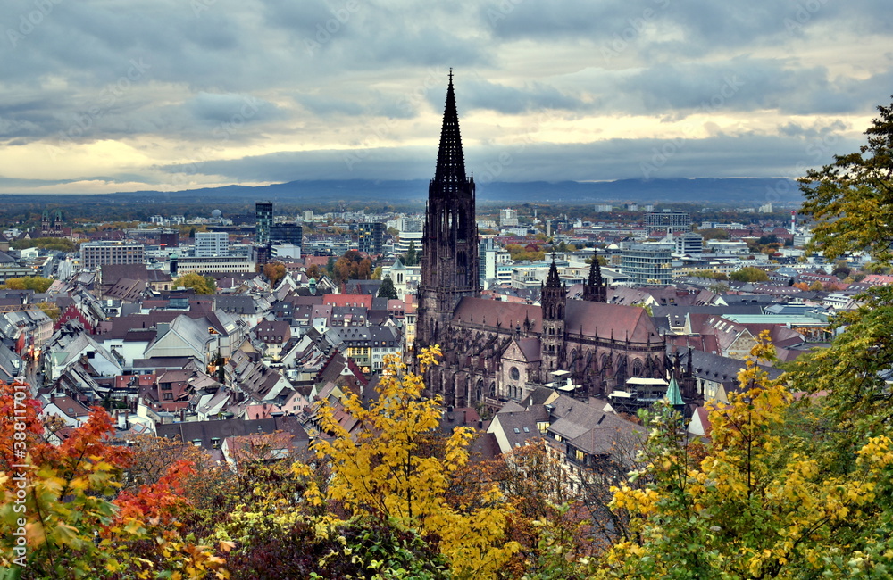 Blick auf die Altstadt von Freiburg im Herbst
