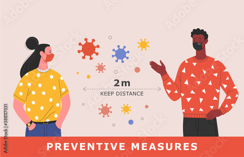 Covid-19 preventive measures. Vector illustration in contemporary flat style  of two talking people in medical face masks keeping safe distance. Isolated on background
