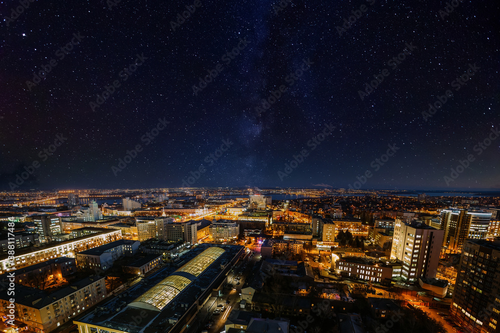 Night Voronezh skyline with starry sky and milky way, aerial view - obrazy, fototapety, plakaty 