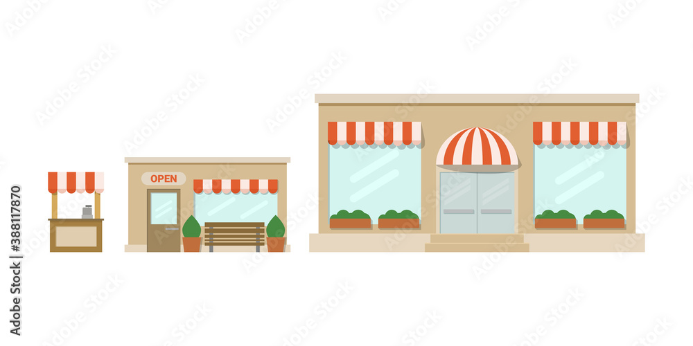 Set of three vector shops of different sizes. Can be used for illustrating of developing own small business Set of three vector shops of different sizes. Can be used for illustrating of developing own small business