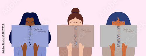 Three different young women read books. Girl power and self esteem concept. You're smart, beautiful and interesting. Positive mindset - self acceptance and confidence. Love yourself. Vector banner