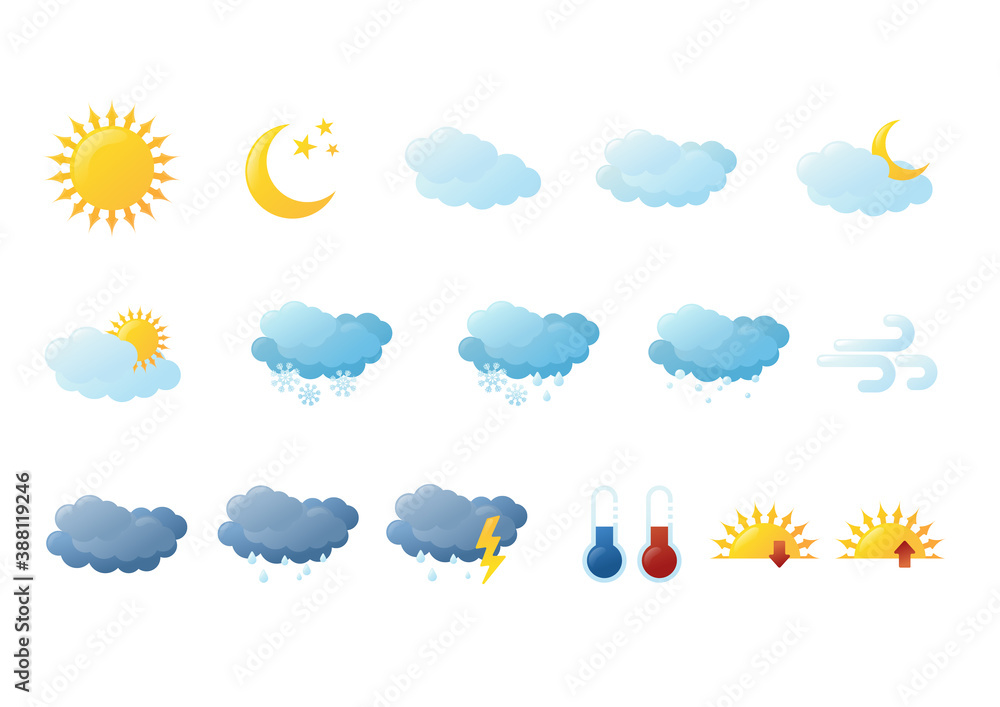 Obraz Set of weather icons on white background. Contains icons of the sun, clouds, snowflakes, wind, rain, temperature and more. For mobile apps, web and widgets.