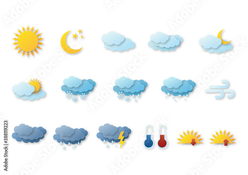 Set of  paper weather icons on white background. Contains icons of the sun, clouds, snowflakes, wind, rain, temperature and more.  For mobile apps, web and widgets.