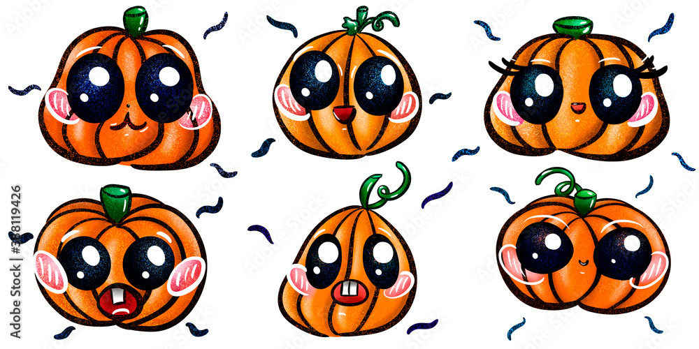Fototapeta premium Set of six cute Halloween pumpkins. White background. 