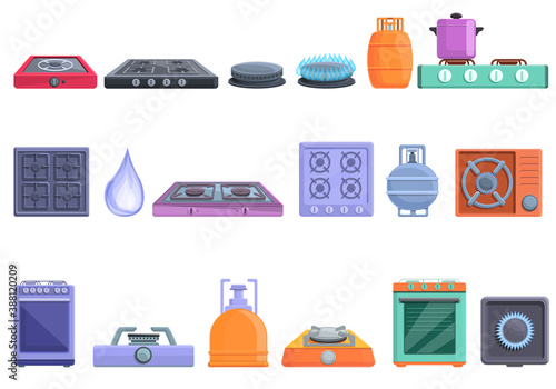 Burning gas stove icons set. Cartoon set of burning gas stove vector icons for web design