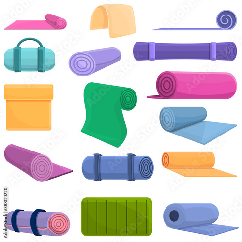 Yoga mat icons set. Cartoon set of yoga mat vector icons for web design