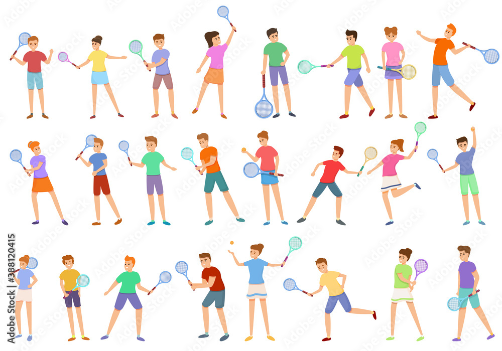 Kids playing tennis icons set. Cartoon set of kids playing tennis vector icons for web design