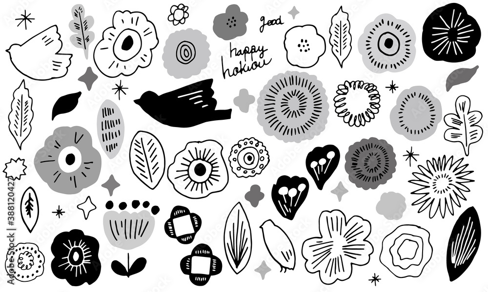 手書きの北欧風花と草木のイラスト モノクロ Stock Vector Adobe Stock