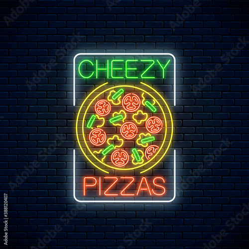 Neon sign of cheezy pizza. Italian pizza with tomatos and cheese. Cafe menu item. Vector illustration. Fastfood light billboard symbol in rectangle frame on a dark brick wall background.