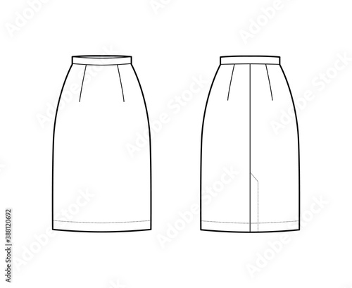 Skirt sheath straight technical fashion illustration with knee lengths, flap at back, pencil fullness. Flat bottom apparel template front, back, white color style. Women, men, unisex CAD mockup