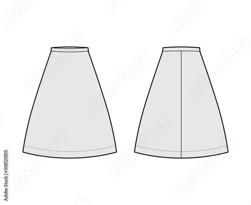 Skirt A-line fullness technical fashion illustration with knee lengths, straight, thin waistband. Flat bottom apparel template front, back, grey color style. Women, men, unisex CAD mockup